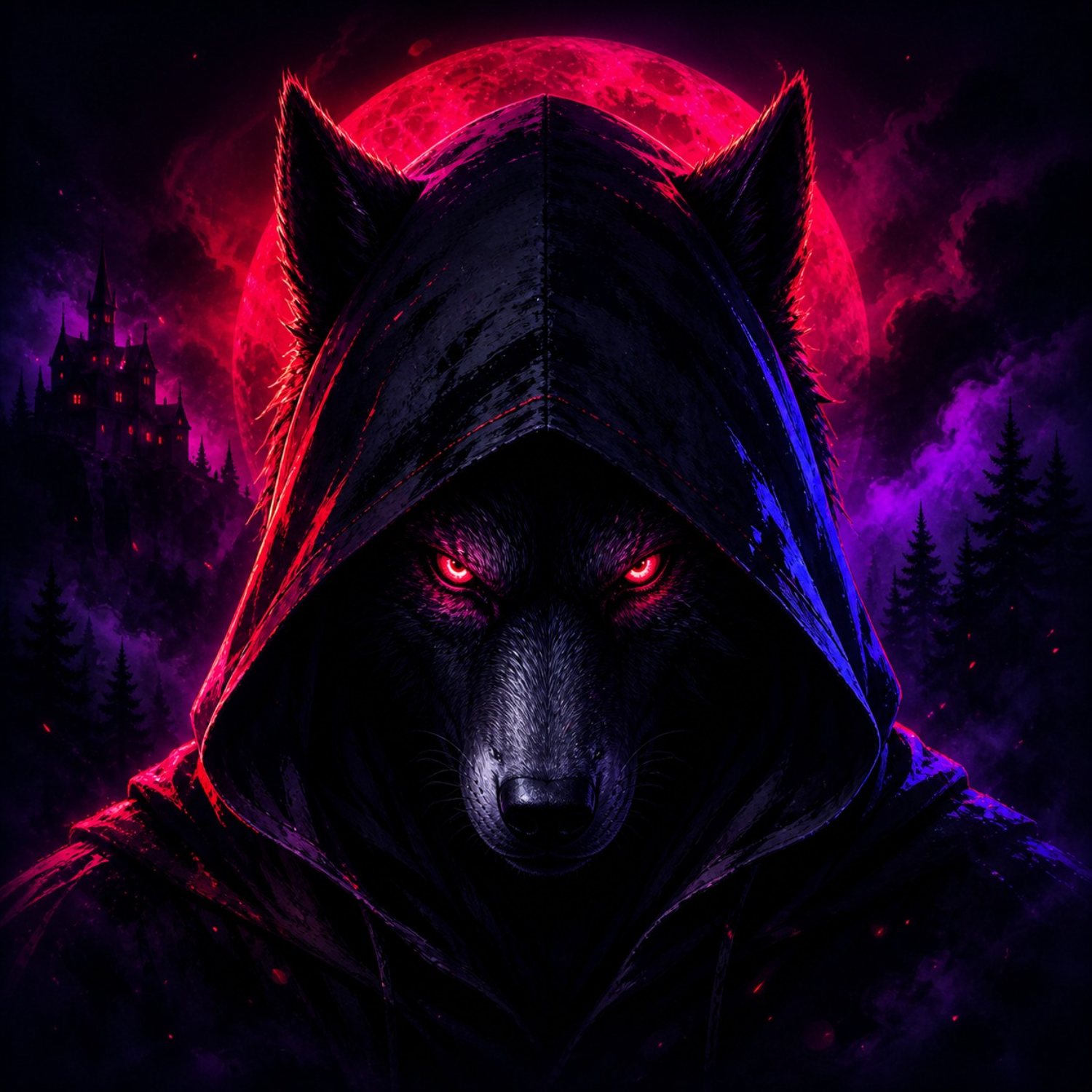 A hooded wolf beneath a blood moon